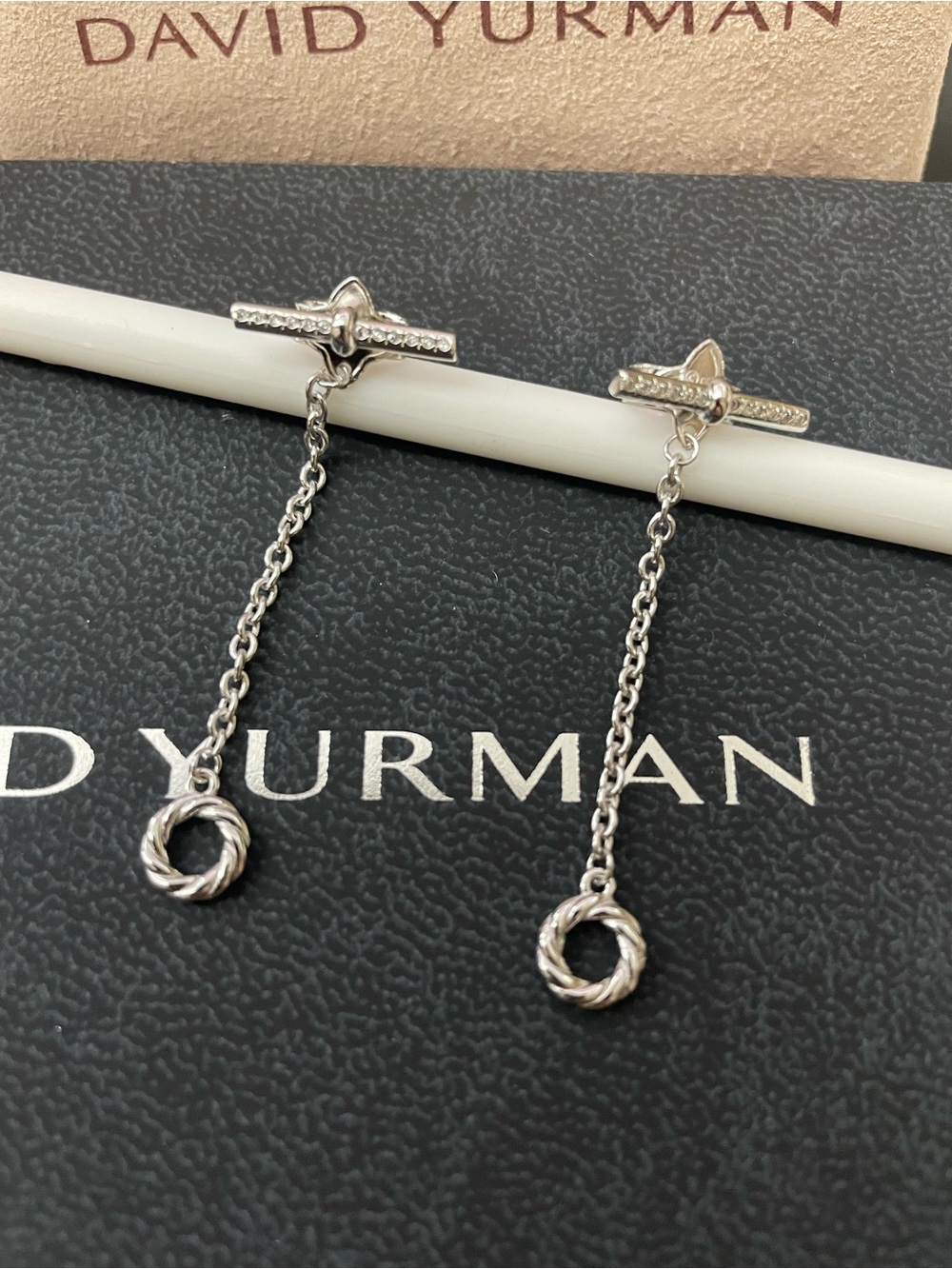 David Yurman Silver Twisted Cable Drop Chain Earrings with Pave Bars